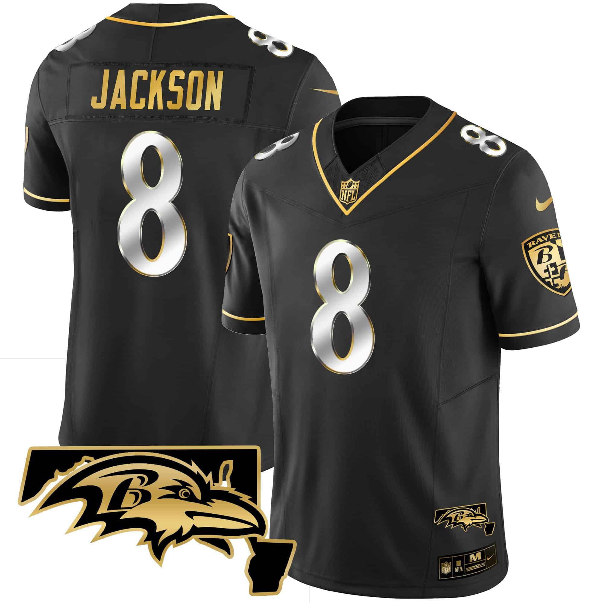 Men Baltimore Ravens #8 Jackson Black Gold 2024 Nike Maryland Patch Vapor Limited NFL Jersey style 1